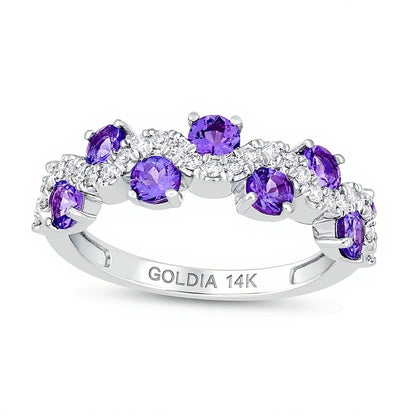 3.0mm Tanzanite and 0.17 CT. TW Diamond Staggered Wave Band in 14K White Gold