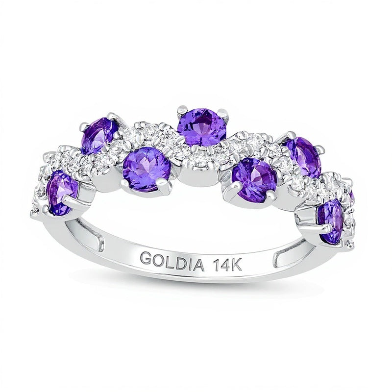 3.0mm Tanzanite and 0.17 CT. TW Diamond Staggered Wave Band in 14K White Gold