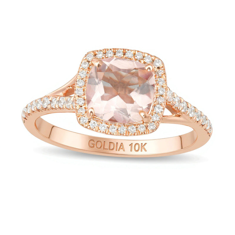 7.0mm Cushion-Cut Morganite and 0.25 CT. TW Diamond Frame Split Shank Ring in 10K Rose Gold