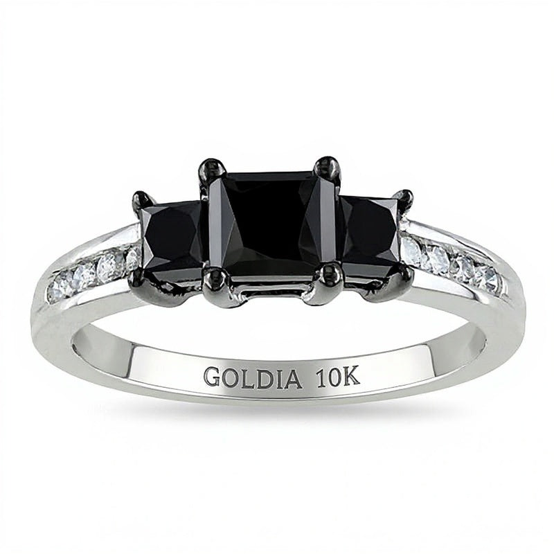 1.5 CT. TW Princess-Cut Enhanced Black and White Diamond Three Stone Ring in 10K White Gold