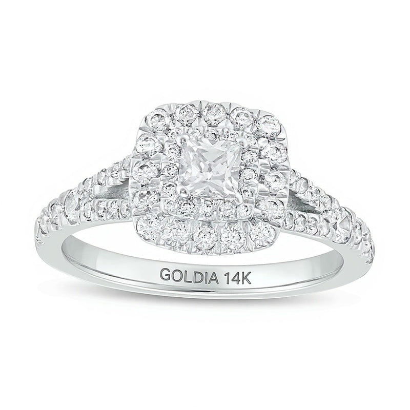 1.0 CT. TW Princess-Cut Diamond Double Cushion-Shaped Frame Split Shank Engagement Ring in 14K White Gold