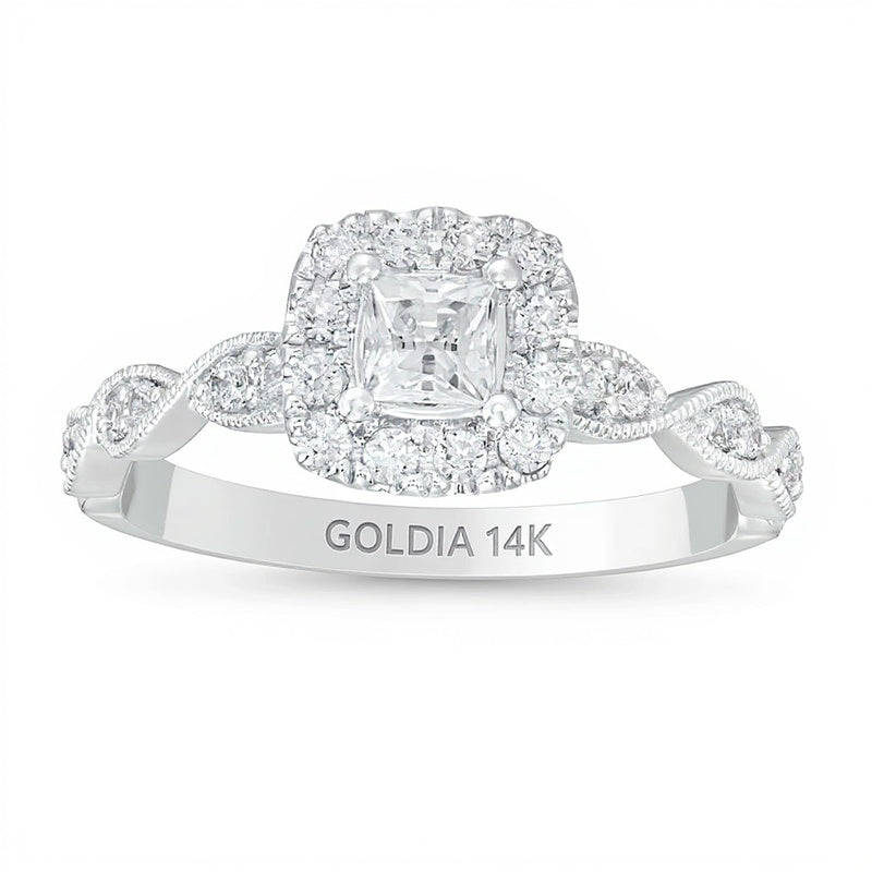 0.63 CT. TW Princess-Cut Diamond Cushion Frame Vintage-Style Engagement Ring in 14K White Gold (I/I2)