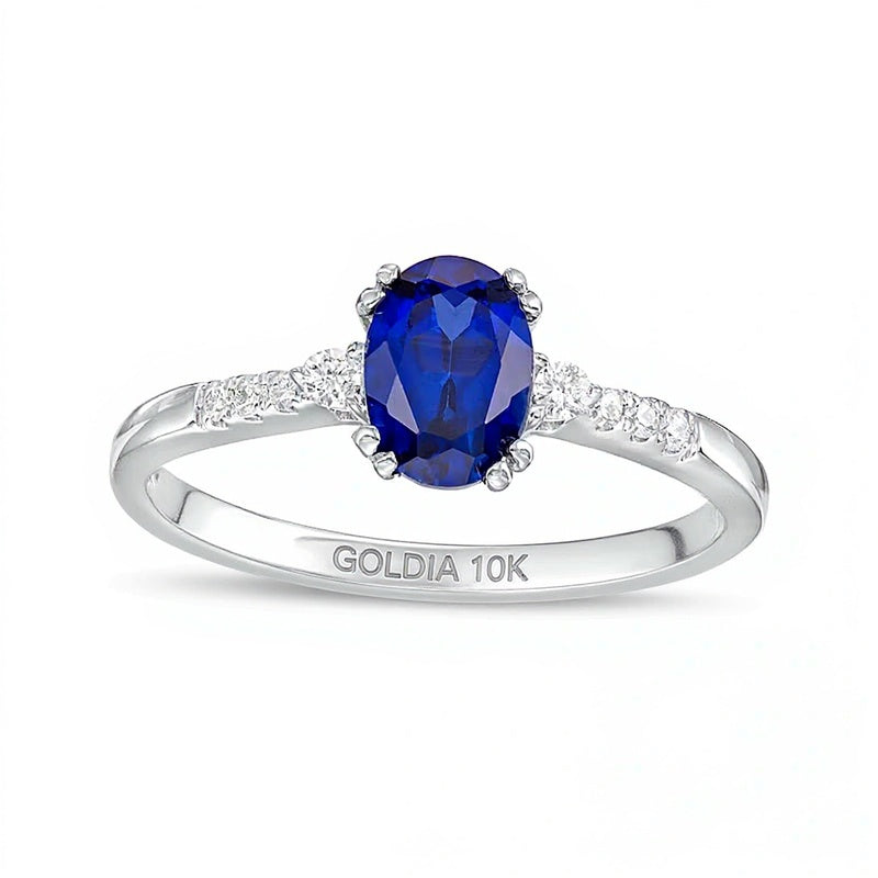 Oval Blue Lab-Created Sapphire and 0.1 CT. TW Diamond Ring in 10K White Gold