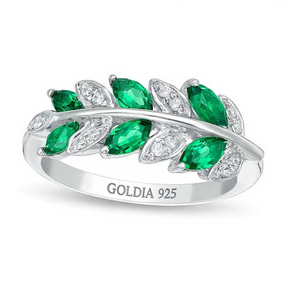 Marquise Lab-Created Emerald and 0.07 CT. TW Diamond Leaves Ring in Sterling Silver