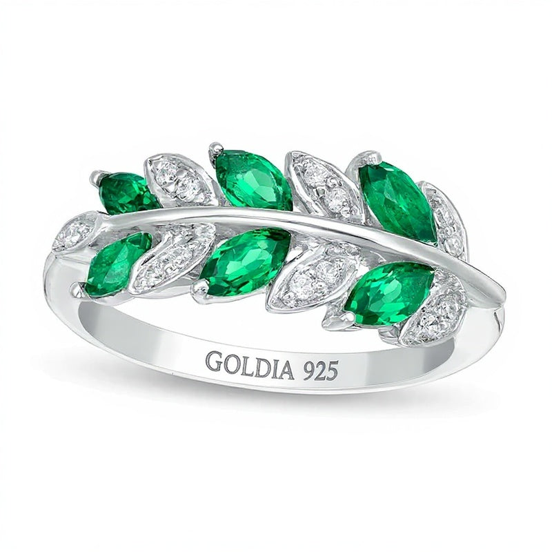 Marquise Lab-Created Emerald and 0.07 CT. TW Diamond Leaves Ring in Sterling Silver