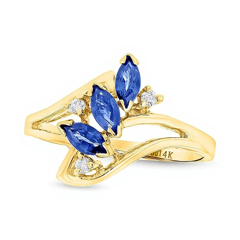 Marquise Blue Sapphire and Diamond Accent Three Stone Bypass Ring in 14K Gold