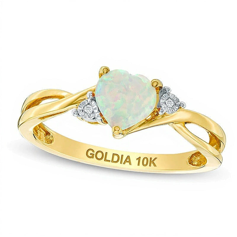 6.0mm Heart-Shaped Lab-Created Opal and Diamond Accent Split Shank Ring in 10K Gold