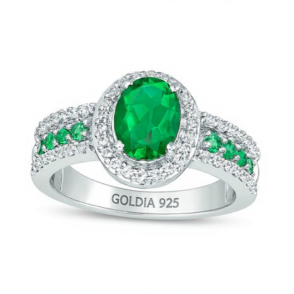 Oval Lab-Created Emerald and White Sapphire Frame Ring in Sterling Silver