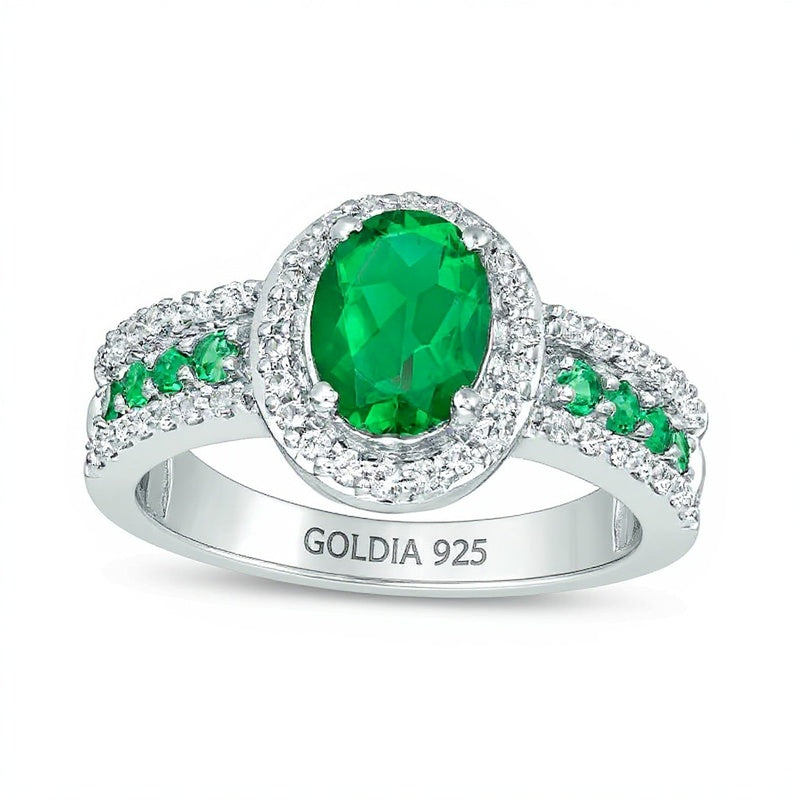 Oval Lab-Created Emerald and White Sapphire Frame Ring in Sterling Silver