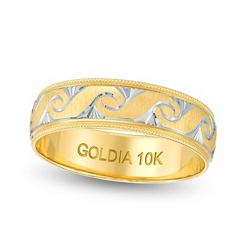 6.0mm Diamond-Cut Swirl Milgrain Edge Comfort Fit Wedding Band in 10K Gold with White Rhodium
