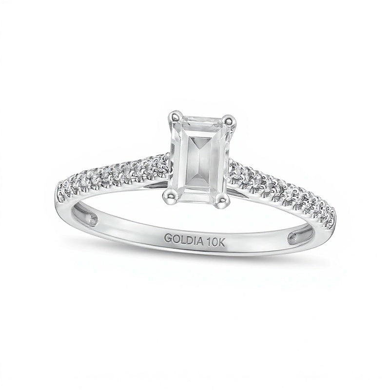 Emerald-Cut White Lab-Created Sapphire and 0.1 CT. TW Diamond Promise Ring in 10K White Gold