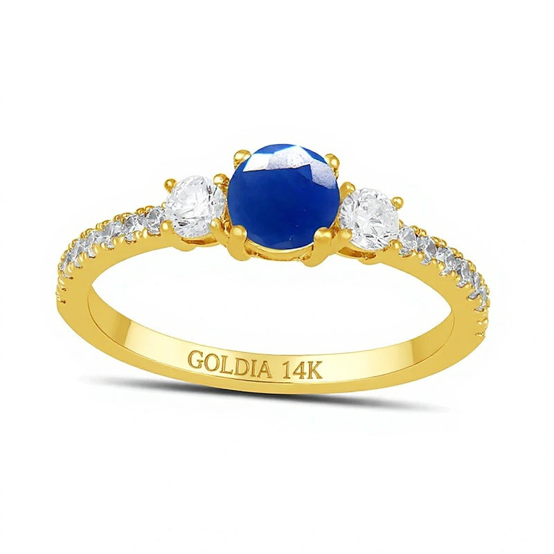 5.0mm Blue Sapphire and 0.38 CT. TW Lab-Grown Diamond Three Stone Ring in 14K Gold