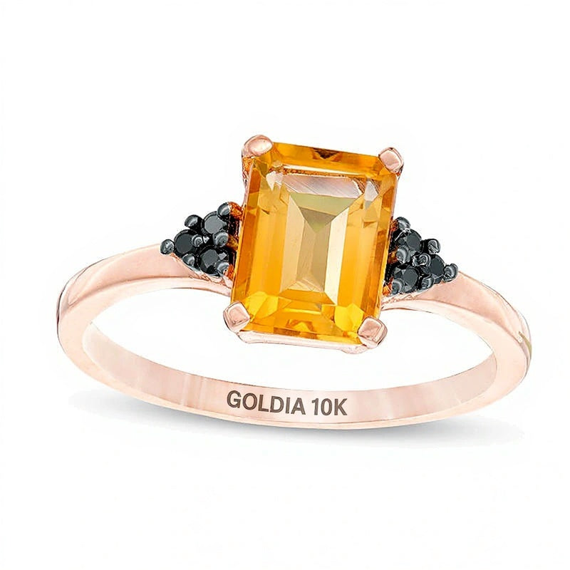 Emerald-Cut Citrine and 0.05 CT. TW Black Diamond Tri-Sides Promise Ring in 10K Rose Gold