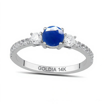 5.0mm Blue Sapphire and 0.38 CT. TW Lab-Grown Diamond Three Stone Ring in 14K White Gold