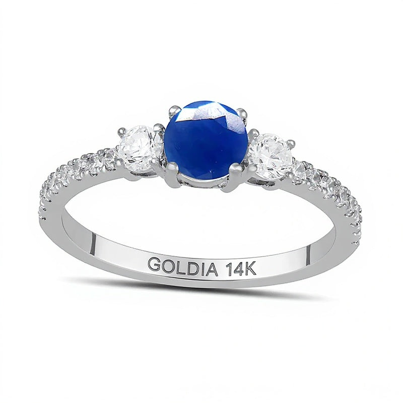 5.0mm Blue Sapphire and 0.38 CT. TW Lab-Grown Diamond Three Stone Ring in 14K White Gold