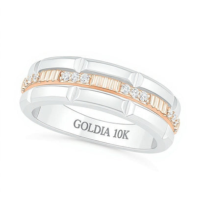 0.13 CT. TW Diamond Textured Triple Row Wedding Band in 10K Two-Tone Gold