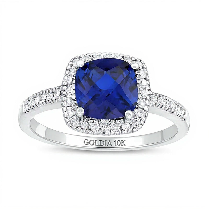 7.0mm Checkerboard Cushion-Cut Blue Lab-Created Sapphire and 0.2 CT. TW Diamond Frame Ring in 10K White Gold