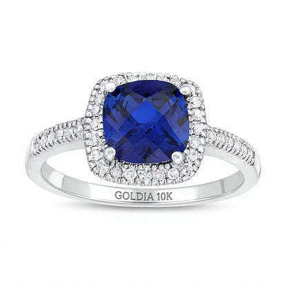 7.0mm Checkerboard Cushion-Cut Blue Lab-Created Sapphire and 0.2 CT. TW Diamond Frame Ring in 10K White Gold