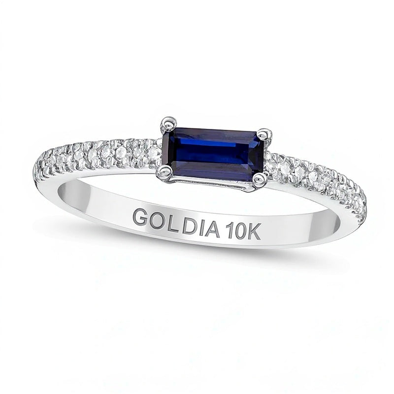 Sideways Baguette Lab-Created Blue Sapphire and 0.1 CT. TW Diamond Stackable Ring in 10K White Gold