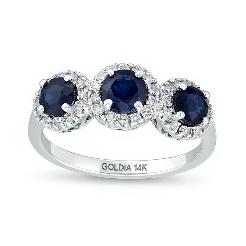 4.5mm Blue Sapphire and 0.2 CT. TW Diamond Three Stone Frame Ring in 14K White Gold