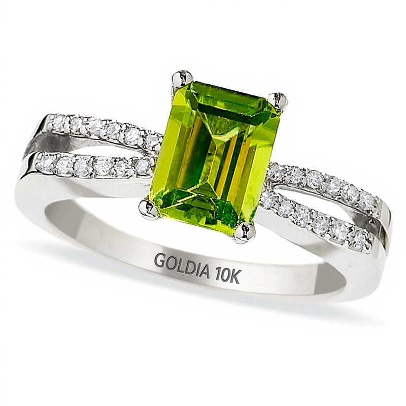 Emerald-Cut Peridot Ring in 10K White Gold with Diamond Accents