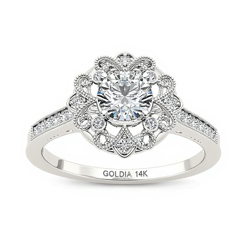 0.63 CT. TW Diamond Flower Frame Vintage-Style Engagement Ring in 14K White Gold