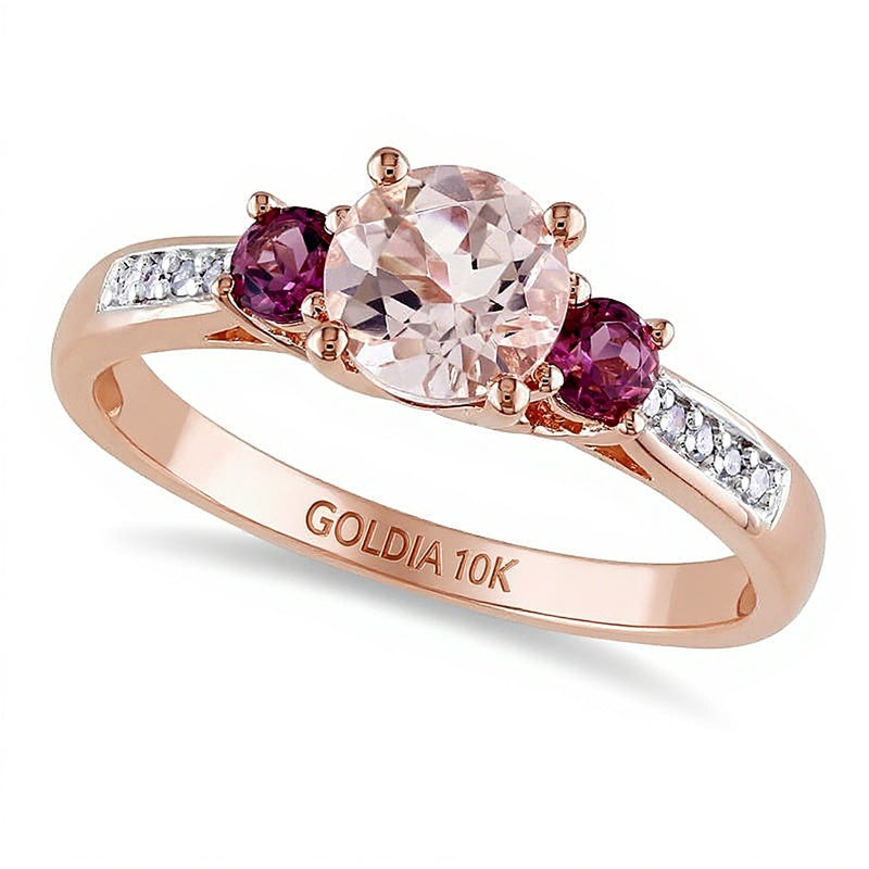 6.0mm Morganite, Pink Tourmaline and Diamond Accent Three Stone Ring in 10K Rose Gold