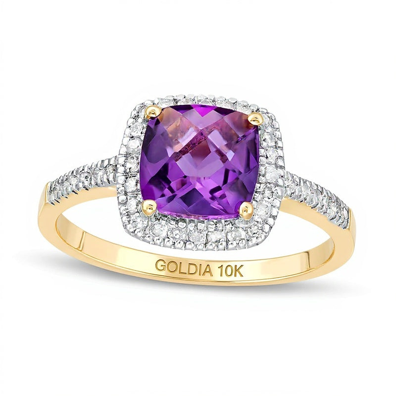7.0mm Cushion-Shaped Amethyst and 0.2 CT. TW Diamond Frame Ring in 10K Gold