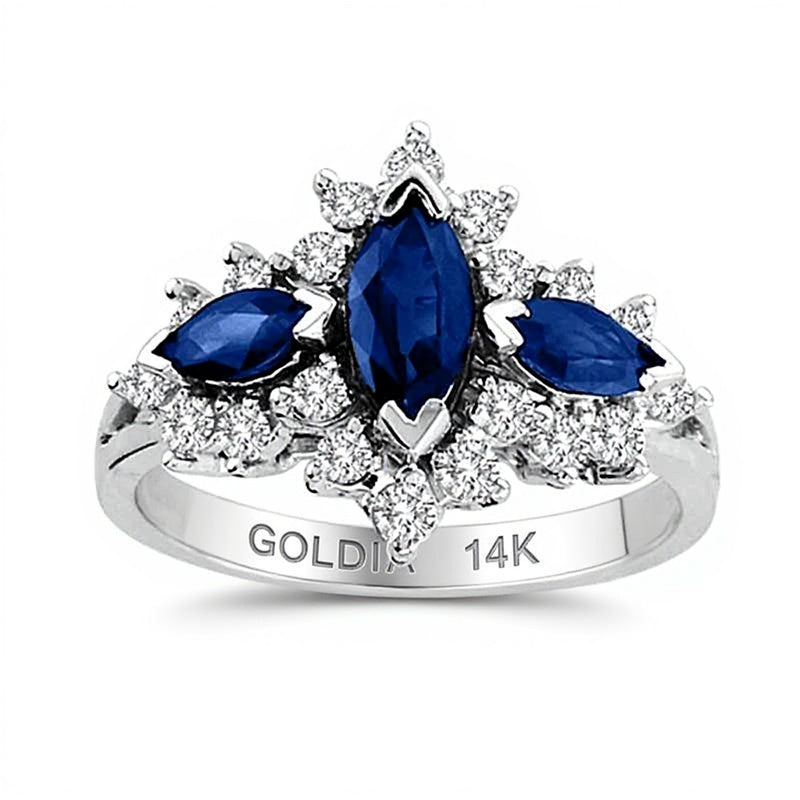 Marquise-Cut Blue Sapphire and 0.5 CT. TW Diamond Three Stone Ring in 14K White Gold