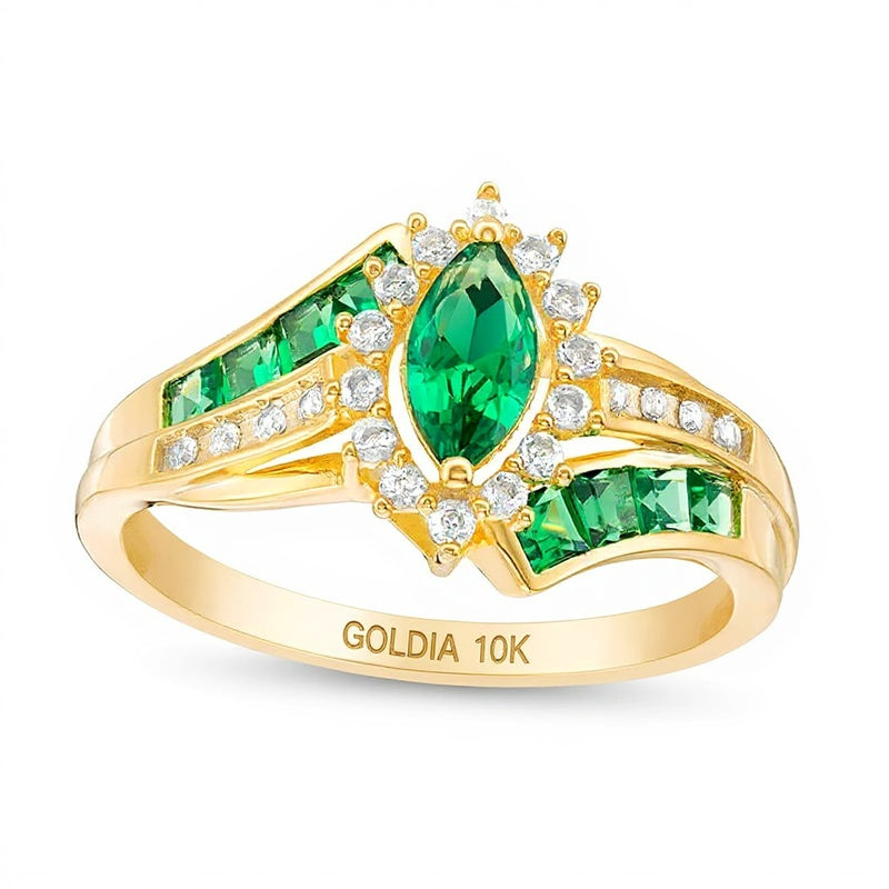 Marquise Emerald and 0.17 CT. TW Diamond Double Row Bypass Ring in 10K Gold