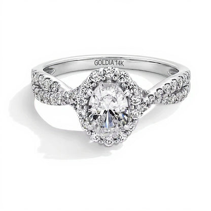 1.0 CT. TW Oval Lab-Grown Diamond Frame Crossover Shank Engagement Ring in 14K White Gold (F/SI2)