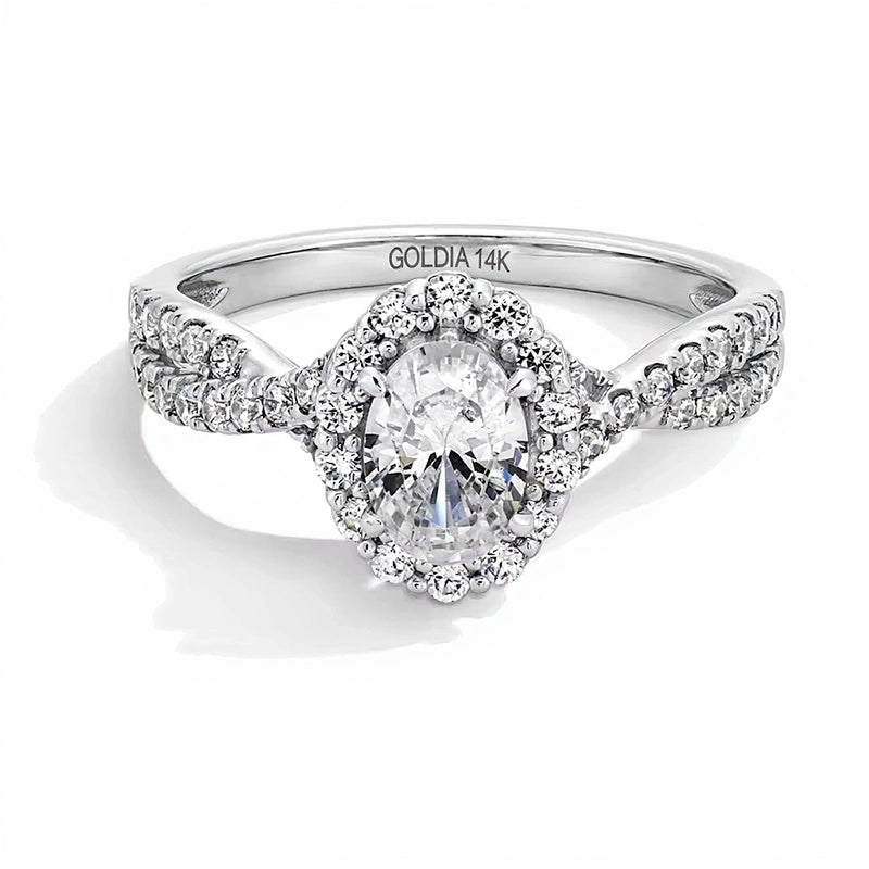1.0 CT. TW Oval Lab-Grown Diamond Frame Crossover Shank Engagement Ring in 14K White Gold (F/SI2)