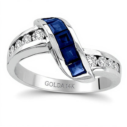 Princess-Cut Blue Sapphire and 0.33 CT. TW Diamond Slant Ring in 14K White Gold