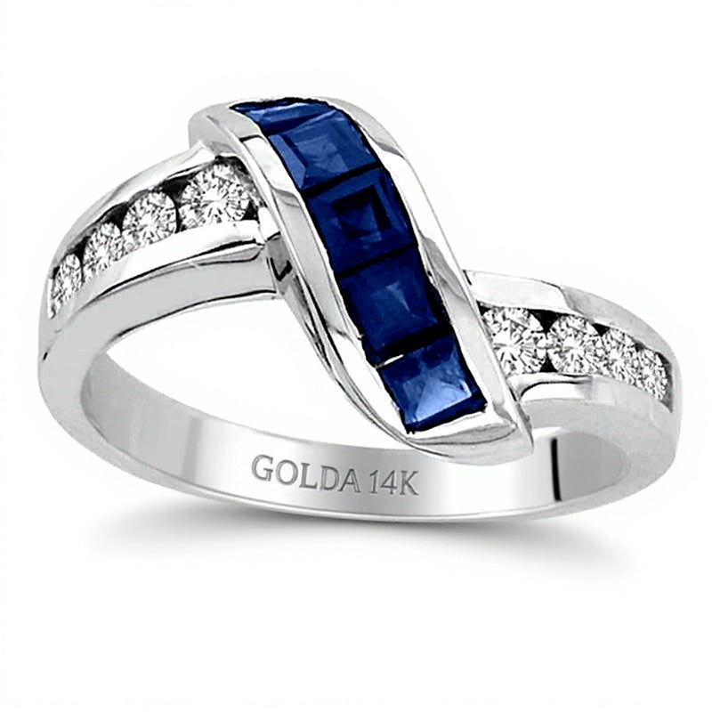 Princess-Cut Blue Sapphire and 0.33 CT. TW Diamond Slant Ring in 14K White Gold