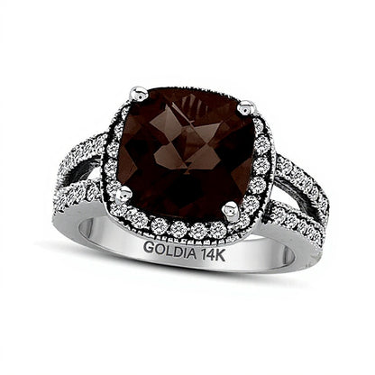 9.0mm Cushion-Shaped Smoky Quartz and 0.5 CT. TW Diamond Frame Split Shank Ring in 14K White Gold