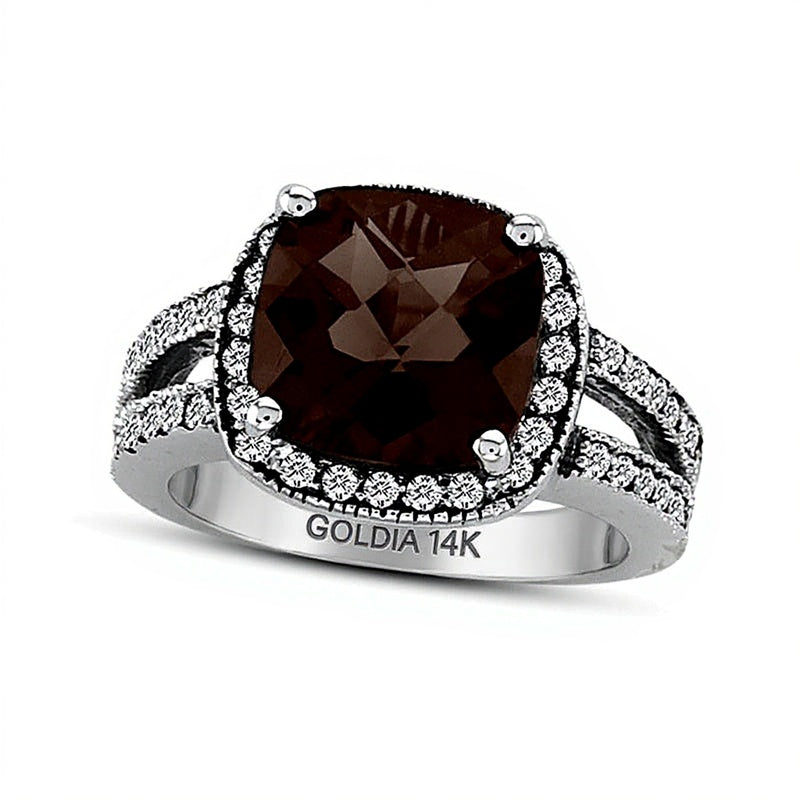 9.0mm Cushion-Shaped Smoky Quartz and 0.5 CT. TW Diamond Frame Split Shank Ring in 14K White Gold