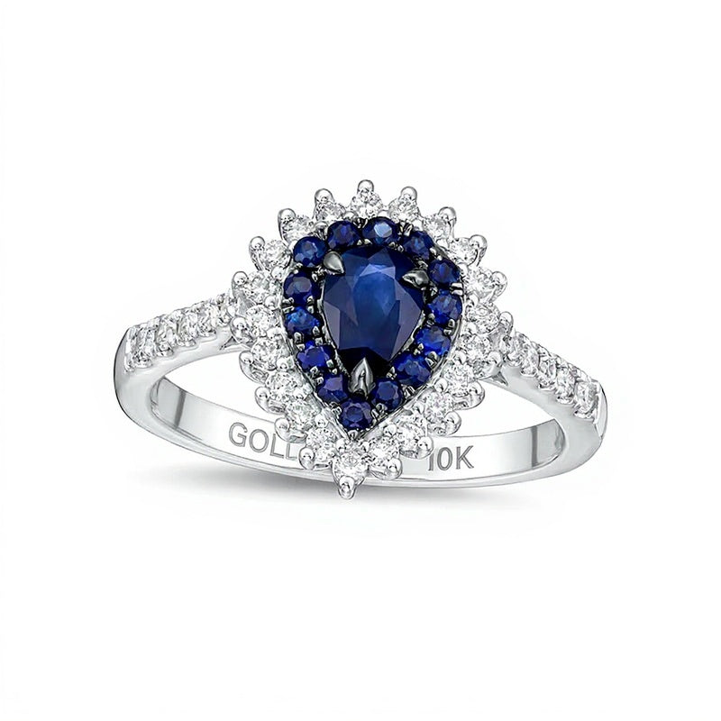 Pear-Shaped Blue Sapphire and 0.33 CT. TW Diamond Frame Ring in 10K White Gold