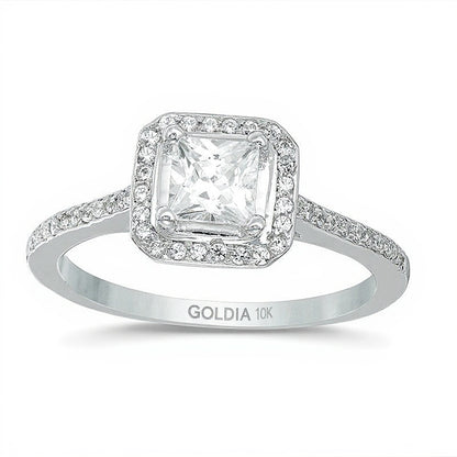 4.3mm Princess-Cut Lab-Created White Sapphire and 0.17 CT. TW Diamond Frame Engagement Ring in 10K White Gold