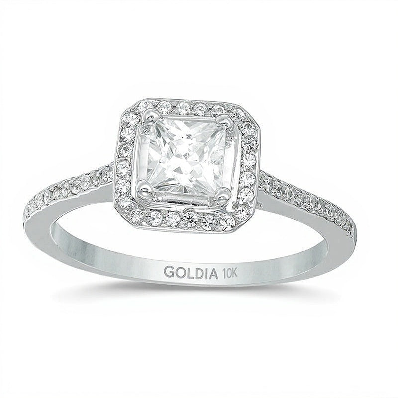 4.3mm Princess-Cut Lab-Created White Sapphire and 0.17 CT. TW Diamond Frame Engagement Ring in 10K White Gold
