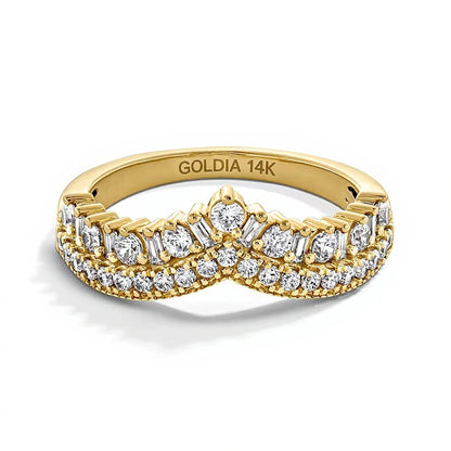 0.63 CT. TW Baguette and Round Diamond Double Row Chevron Vintage-Style Anniversary Band in 14K Gold