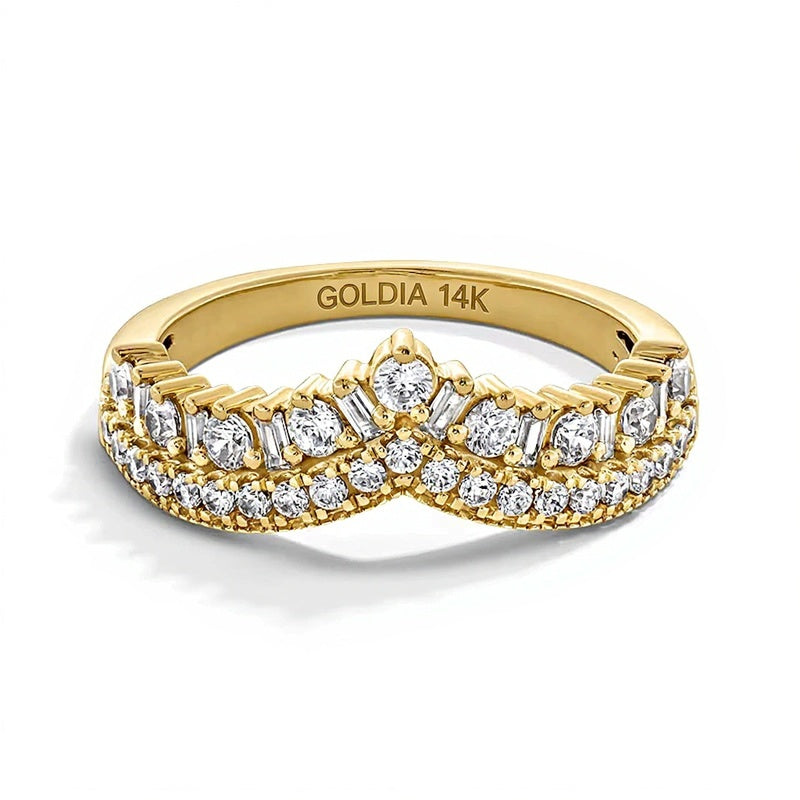 0.63 CT. TW Baguette and Round Diamond Double Row Chevron Vintage-Style Anniversary Band in 14K Gold
