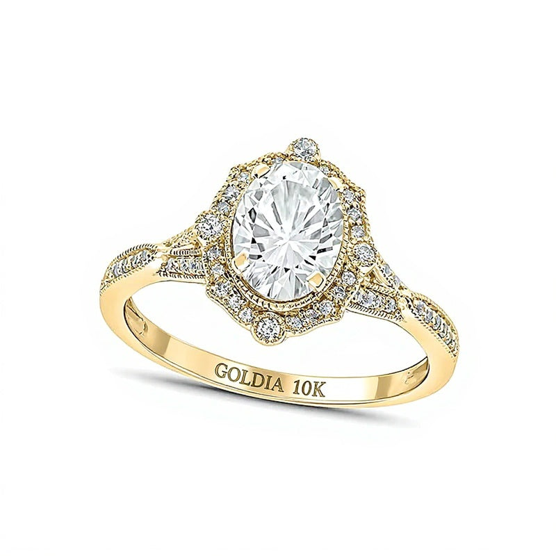 Oval White Lab-Created Sapphire and 0.2 CT. TW Diamond Quatrefoil Frame Art Deco Vintage-Style Ring in 10K Gold