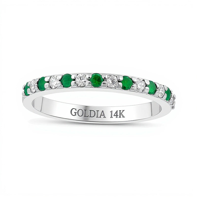 Emerald and 0.17 CT. TW Diamond Alternating Band in 14K White Gold