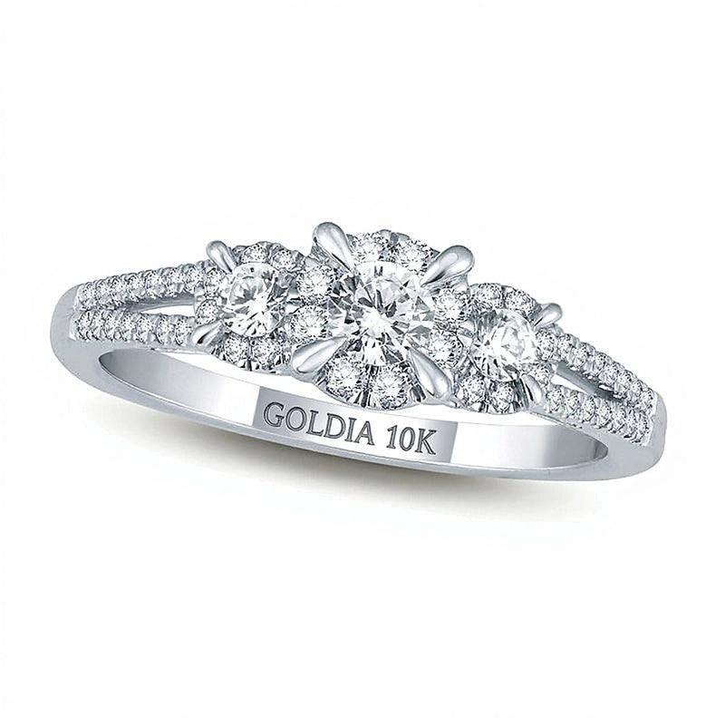 0.25 CT. TW Diamond Frame Three Stone Split Shank Promise Ring in 10K White Gold