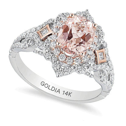 Enchanted Disney Aurora Oval Morganite and 0.75 CT. TW Diamond Scallop Frame Engagement Ring in 14K Two-Tone Gold