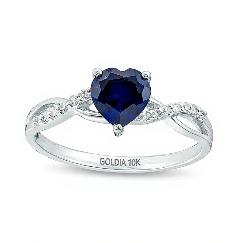 6.0mm Heart-Shaped Lab-Created Blue Sapphire and 0.05 CT. TW Diamond Twist Shank Ring in 10K White Gold