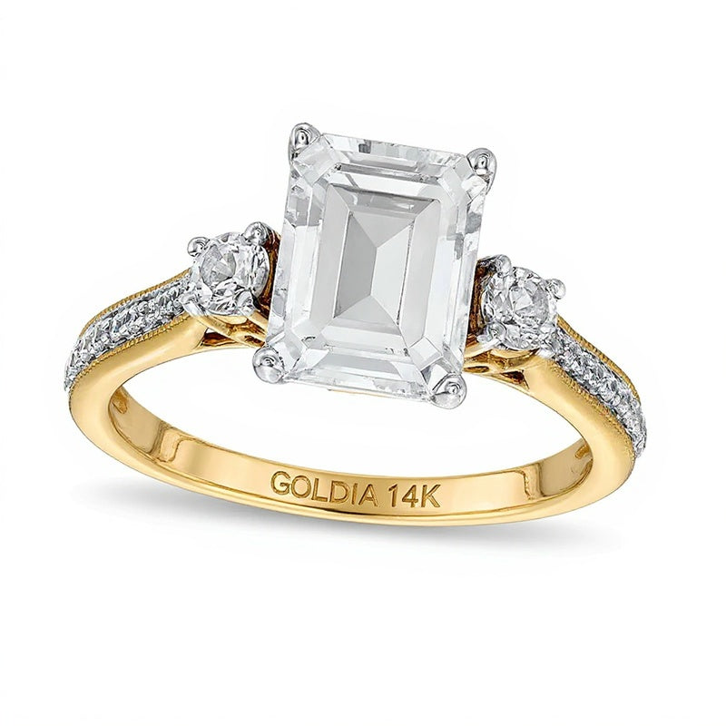 Emerald-Cut White Lab-Created Sapphire and 0.1 CT. TW Diamond Three Stone Engagement Ring in 14K Gold Over Silver