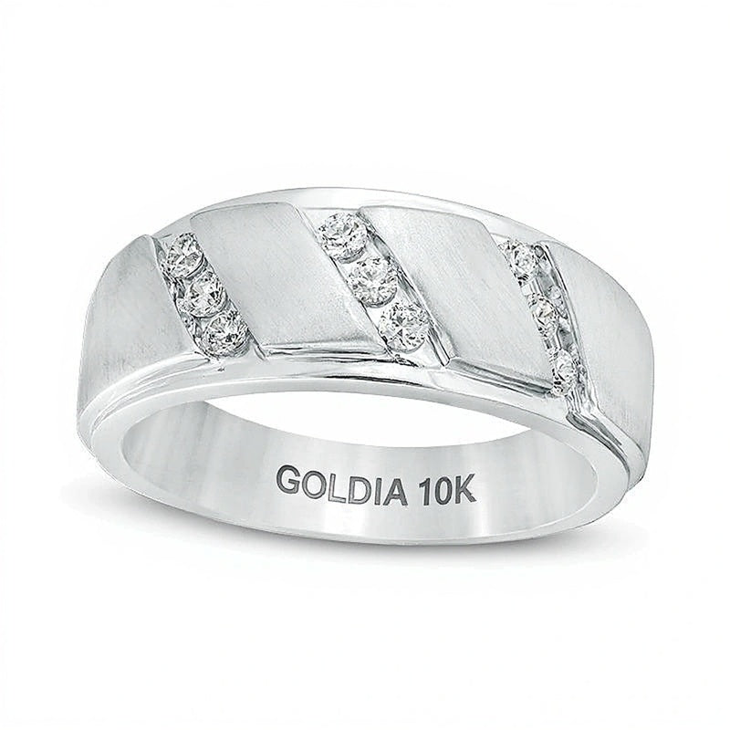 0.33 CT. TW Diamond Triple Row Slant Bevelled Edge Multi-Finish Band in 10K White Gold