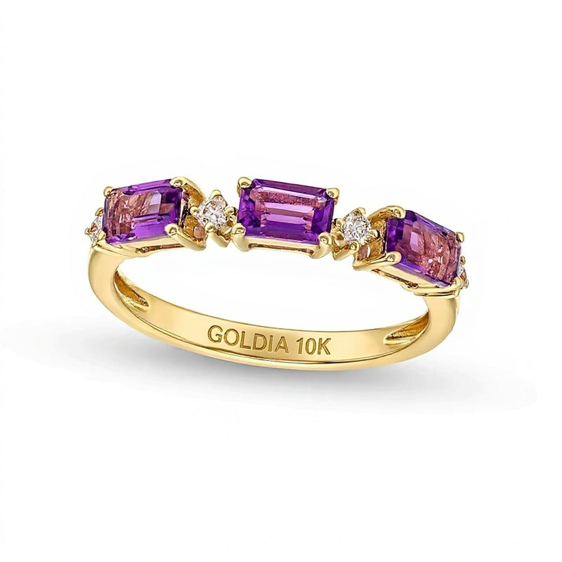 Sideways Emerald-Cut Amethyst and 0.07 CT. TW Diamond Alternating Three Stone Ring in 10K Gold