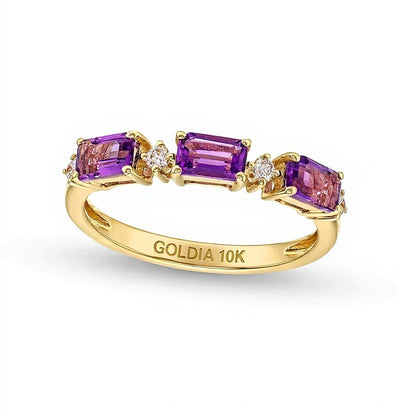 Sideways Emerald-Cut Amethyst and 0.07 CT. TW Diamond Alternating Three Stone Ring in 10K Gold